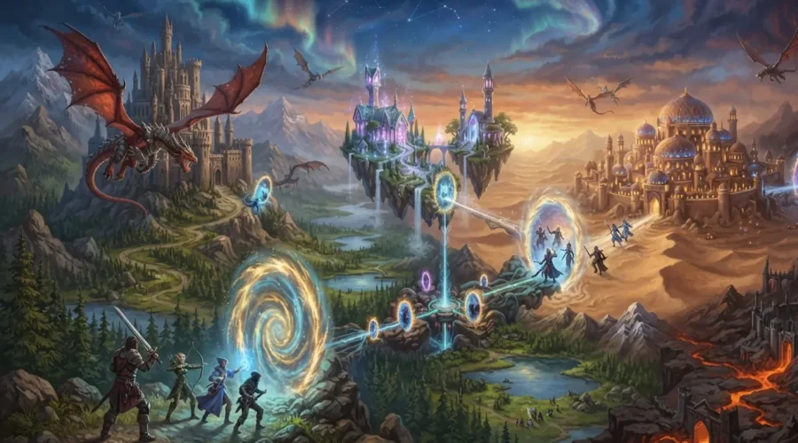 Why fantasy is more popular - Multiple fantasy worlds connected across one magical landscape.