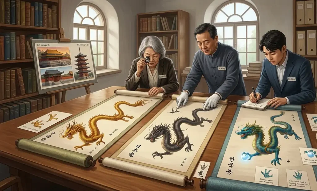 Historical dragon depictions from three cultures being studied.