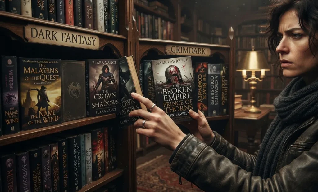 Reader selecting between two fantasy subgenres.