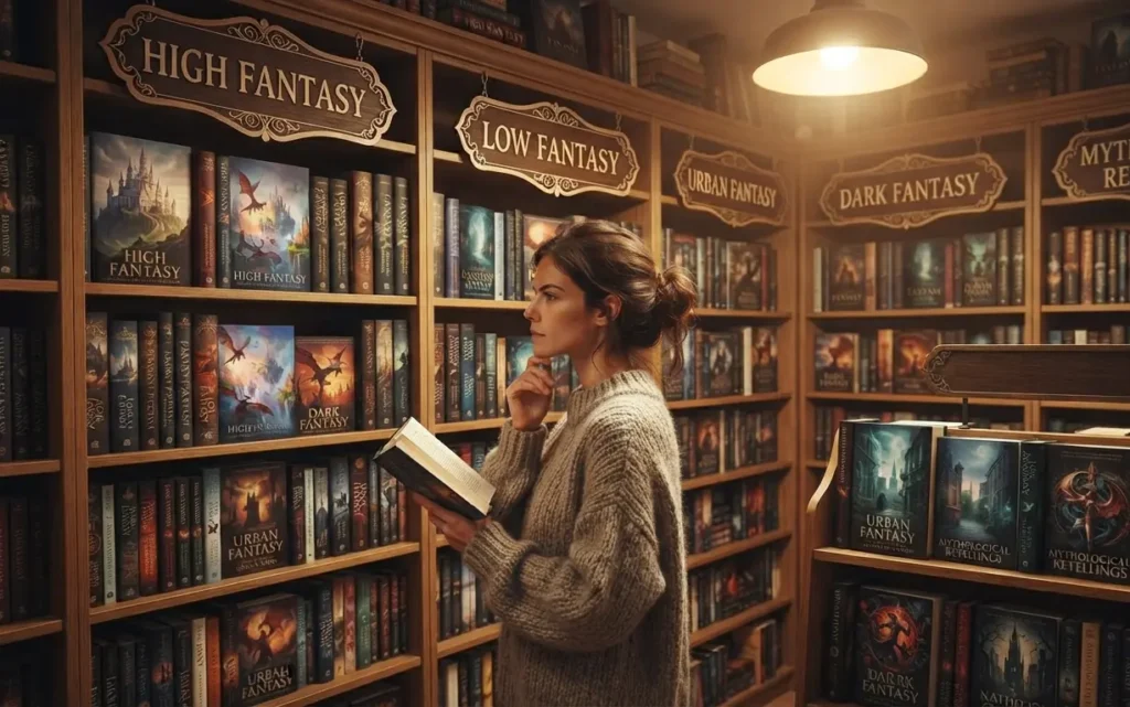 Reader choosing between fantasy subgenres.