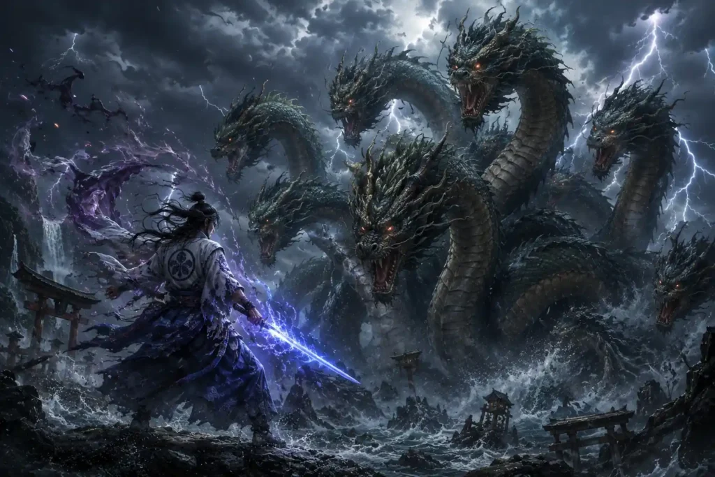 Susanoo battling the eight-headed Yamata no Orochi.