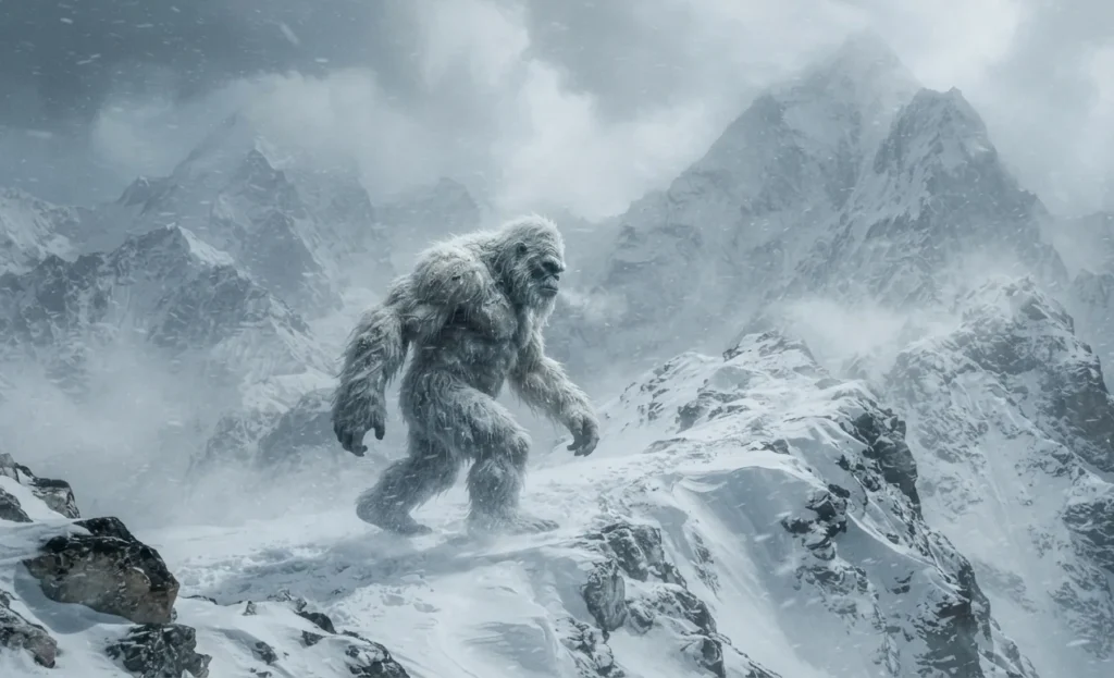 Yeti crossing a snow-covered mountain landscape.