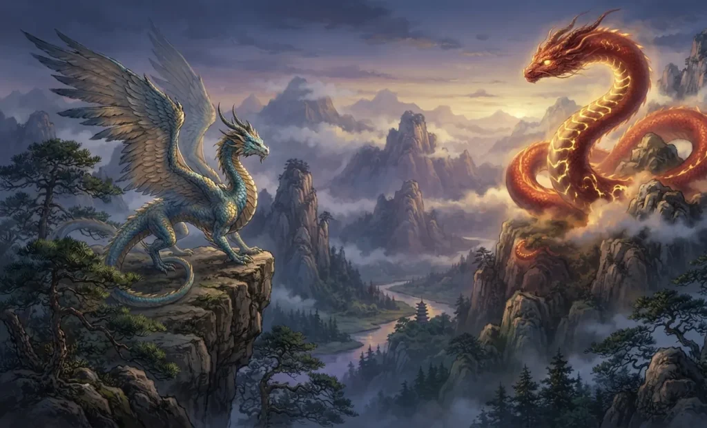 Yinglong and Zhulong standing together in ancient China.