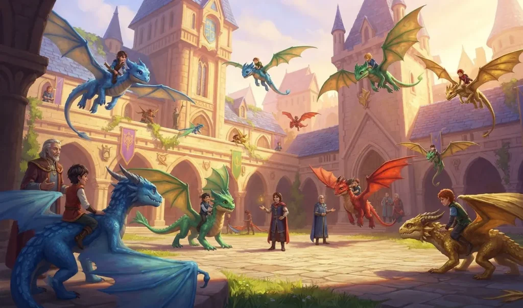 Young dragon riders training with their dragons.