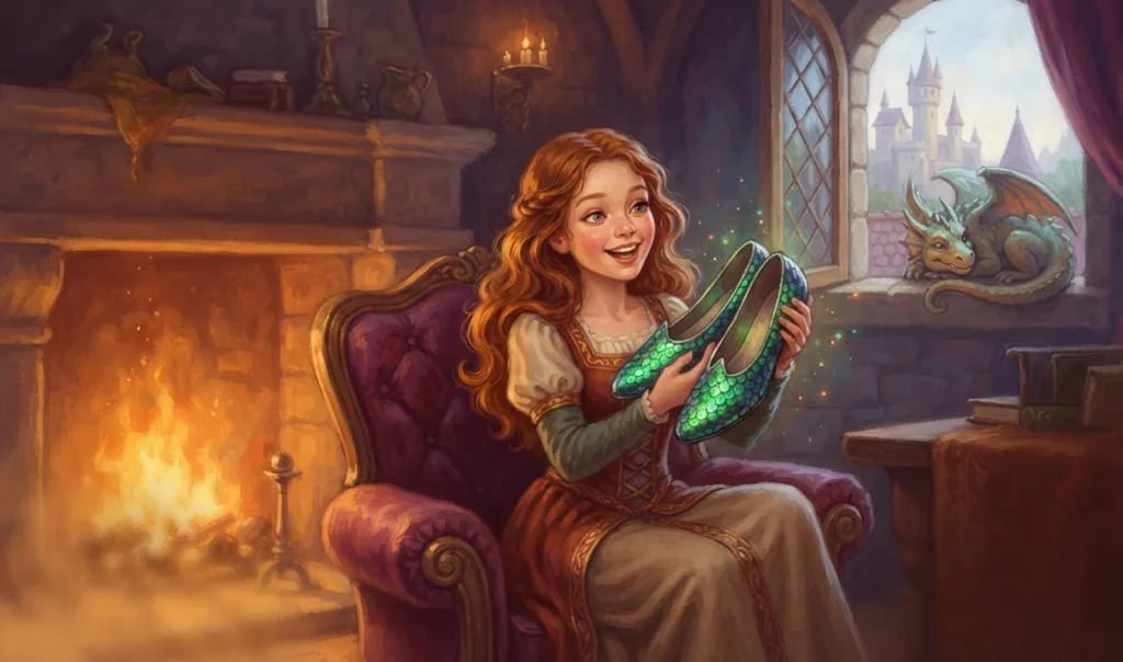 Girl wearing magical dragon slippers in a fantasy kingdom.