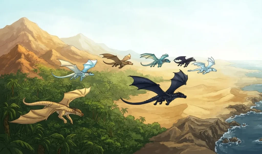 Young dragons from the Wings of Fire tribes.