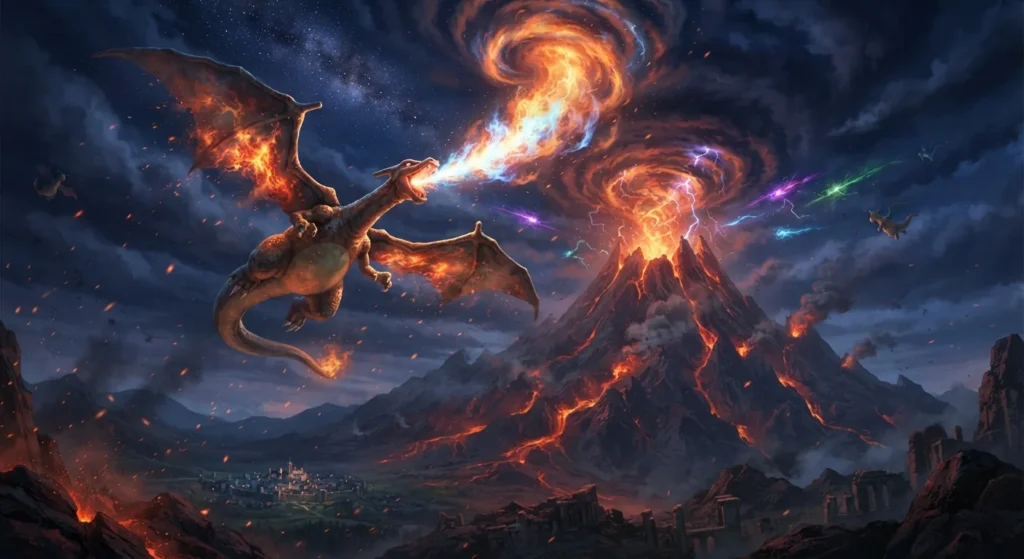 Charizard flying and breathing fire.