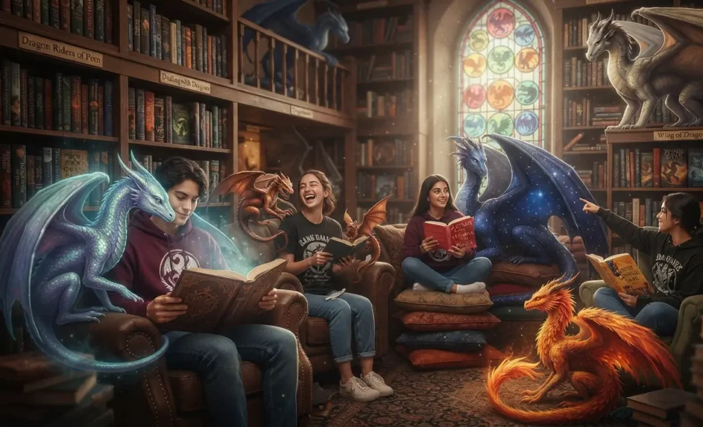 Iconic YA dragons gathered around a stack of fantasy books.