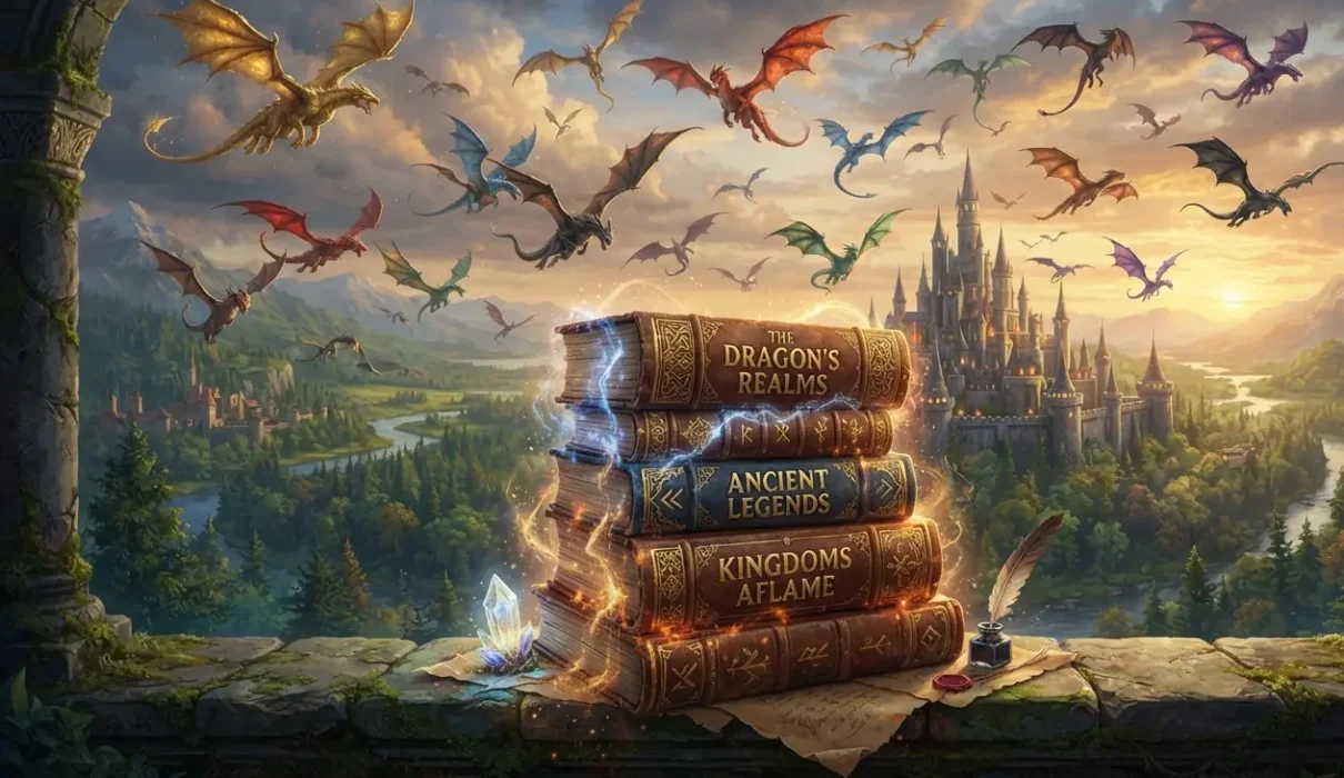 Collection of the best Ya dragon books with dragons flying overhead.