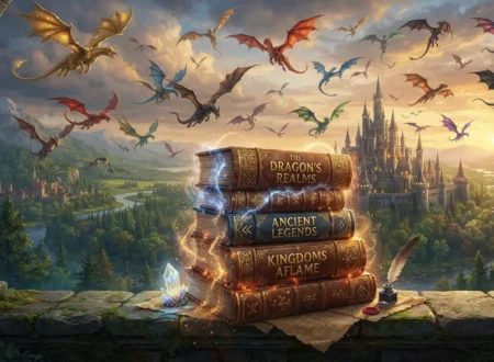 Collection of the best Ya dragon books with dragons flying overhead.