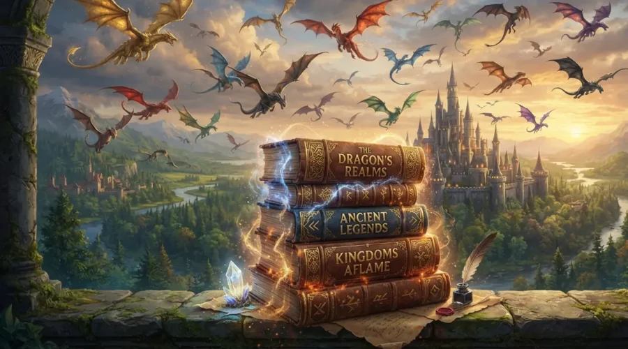 Collection of the best Ya dragon books with dragons flying overhead.
