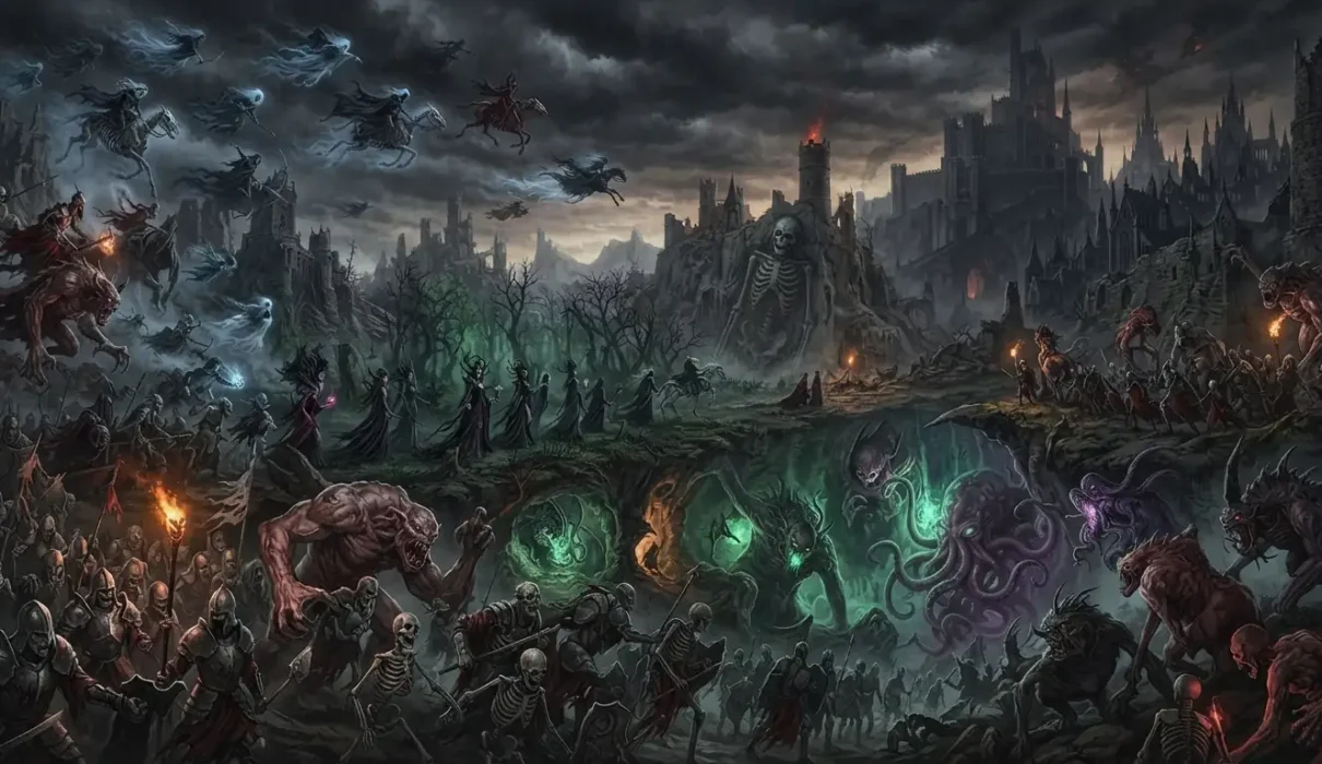 Dark fantasy creatures emerging from familiar folklore and fantasy worlds.