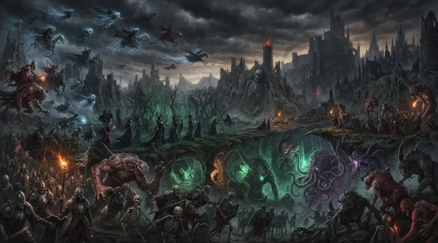 Dark fantasy creatures emerging from familiar folklore and fantasy worlds.