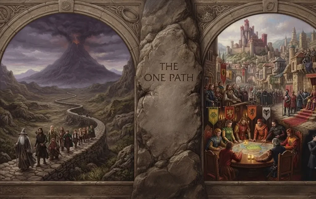 Different narrative structures in Tolkien and Martin.