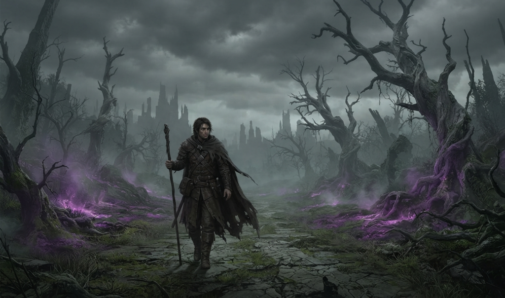 Dark fantasy protagonist entering a supernatural world.
