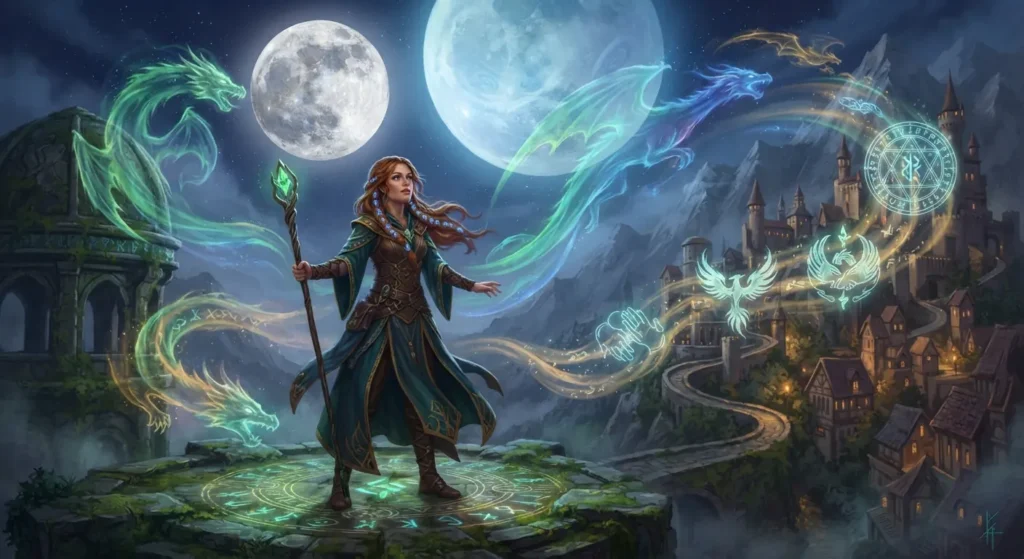 Fantasy healer progressing through magical powers beneath dragon-filled moons.