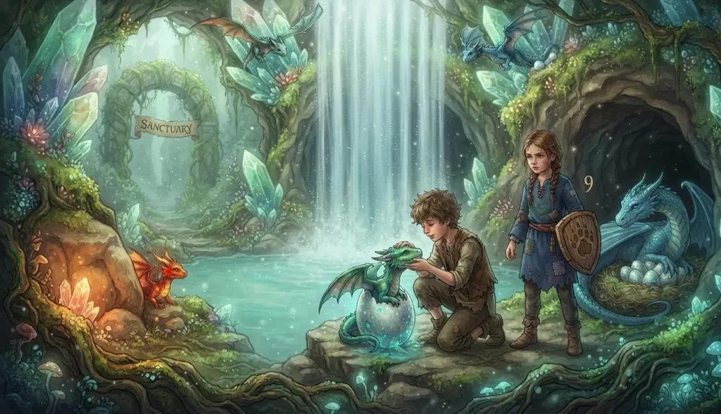 Children caring for dragons in a secret sanctuary.