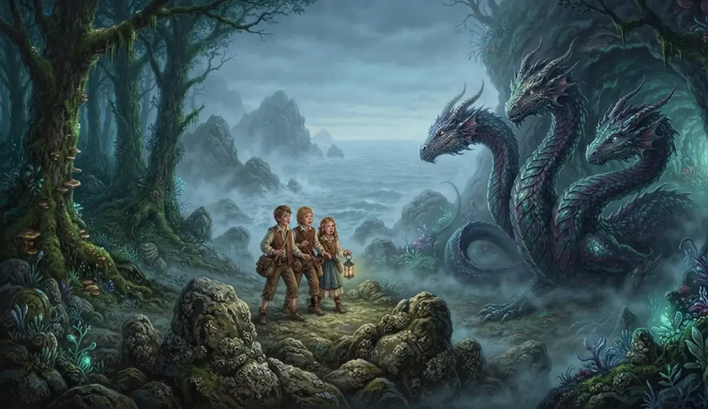 Children encountering a dragon on a mysterious island.