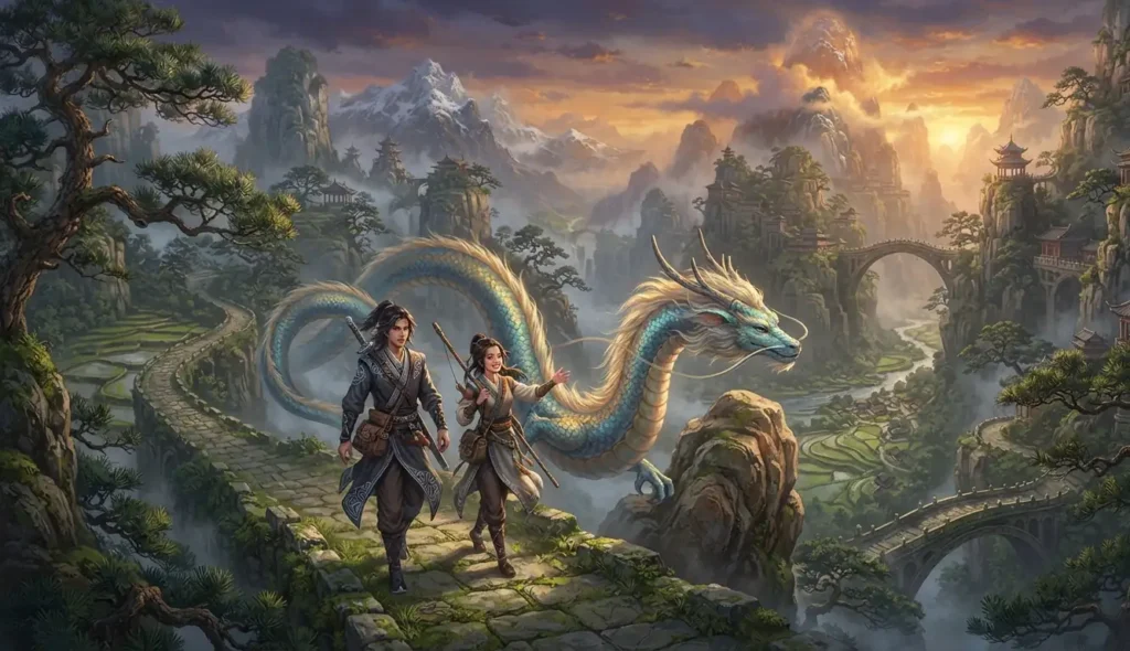 Heroes journeying with a dragon through a magical Eastern-inspired world.