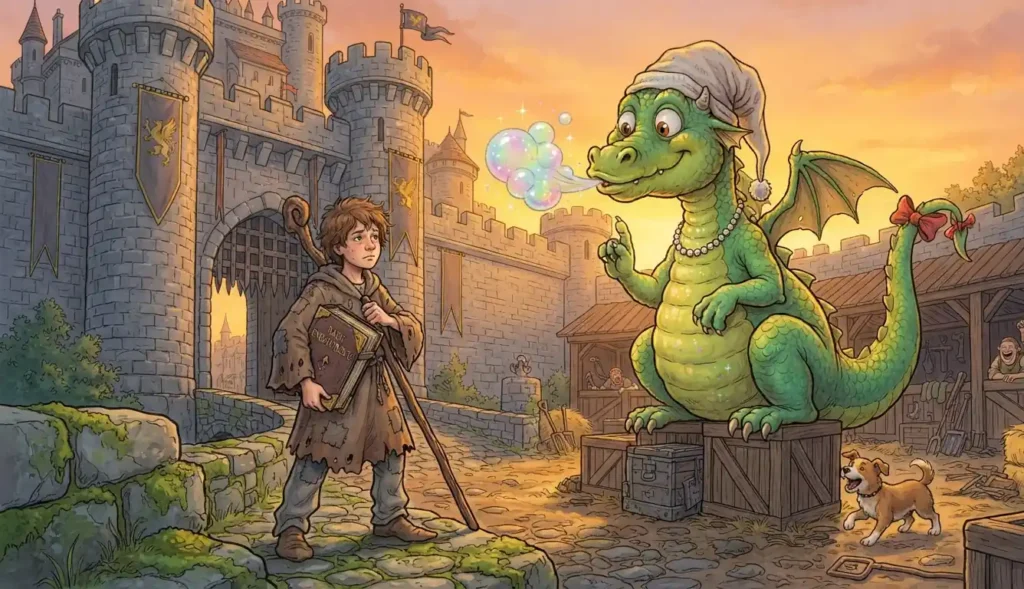 Young dragon slayer facing a dragon.