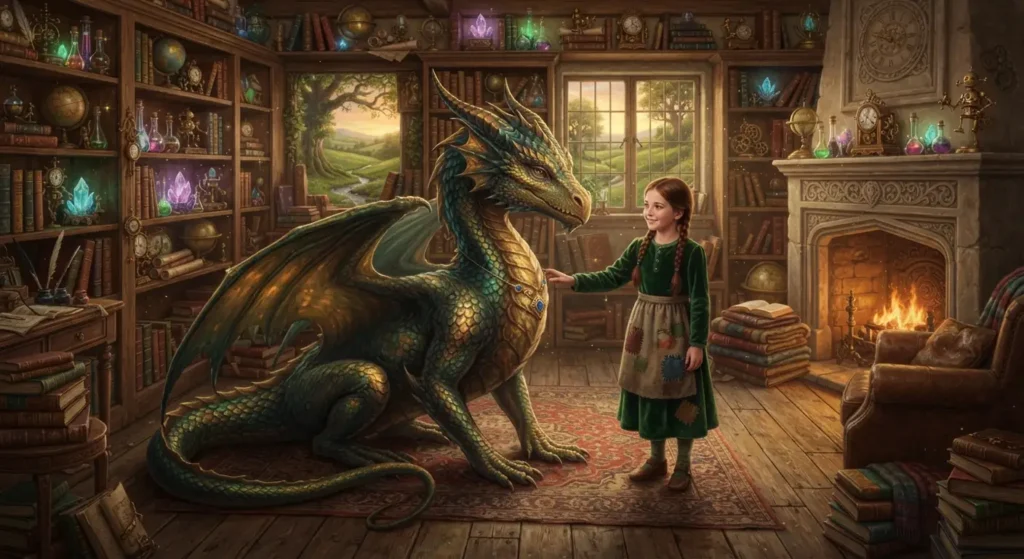Girl and dragon forming an unlikely partnership.