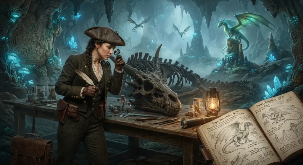 Female naturalist studying dragons in the field.