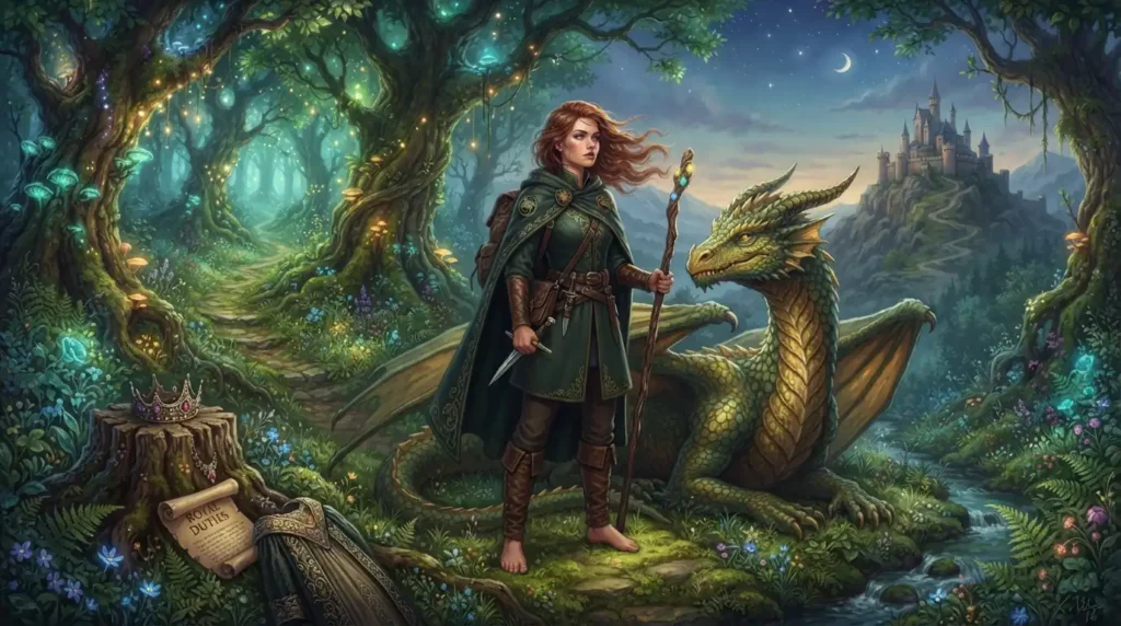 Princess Cimorene with a dragon in an enchanted forest.