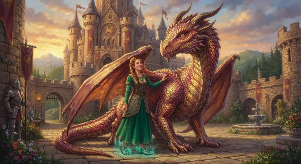 Young heroine wearing magical dragon slippers.