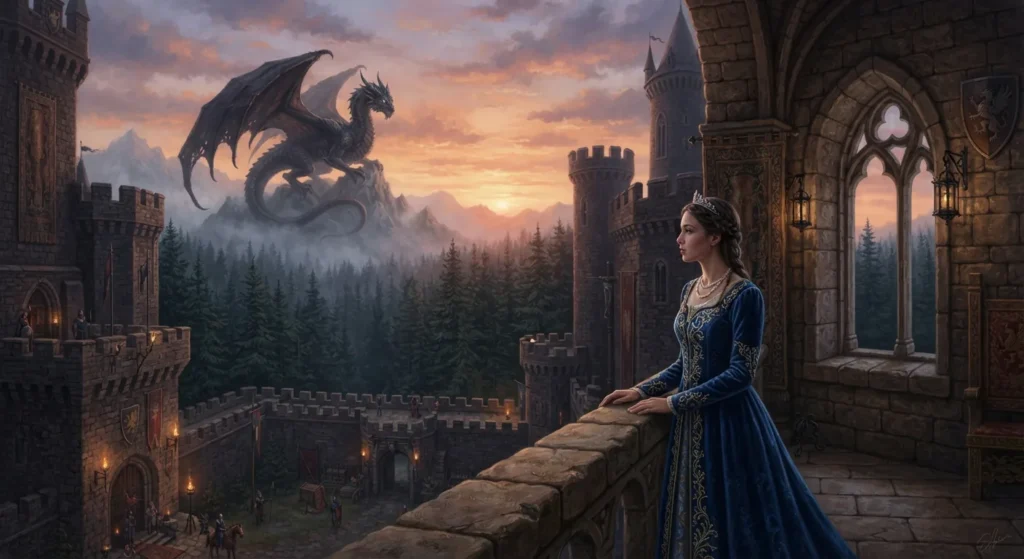 Princess confronting a dragon-related mystery in a medieval kingdom.