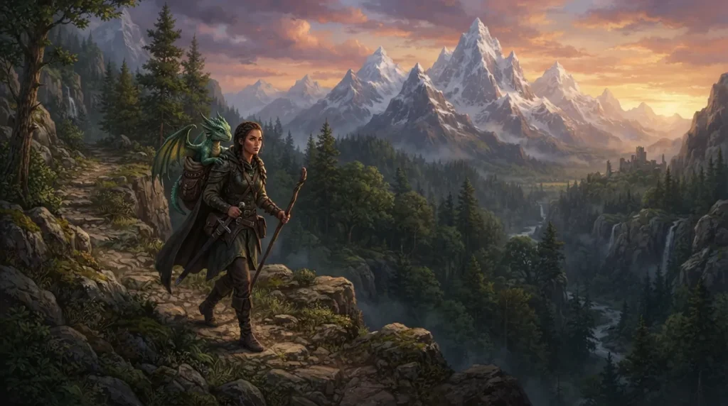 Young heroine protecting a dragon in the wilderness.