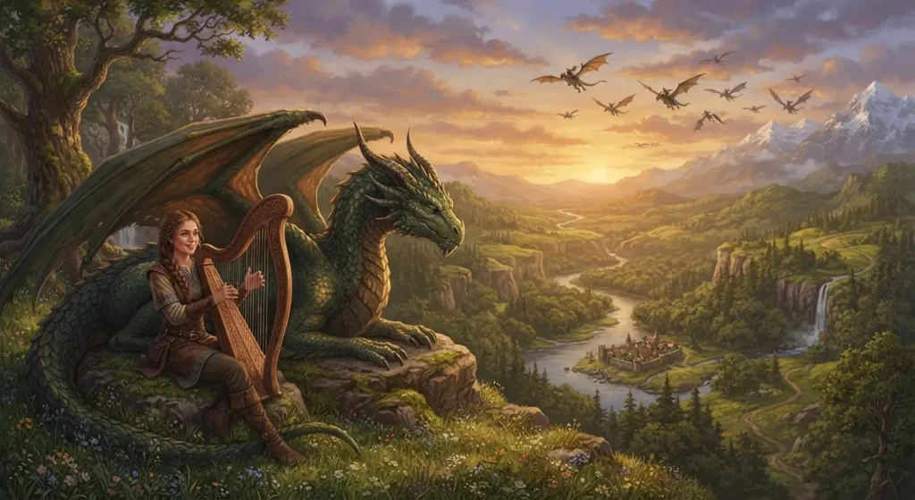 Young heroine with dragons in a musical fantasy world.