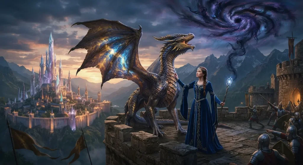 Princess and dragon defending Trelian.