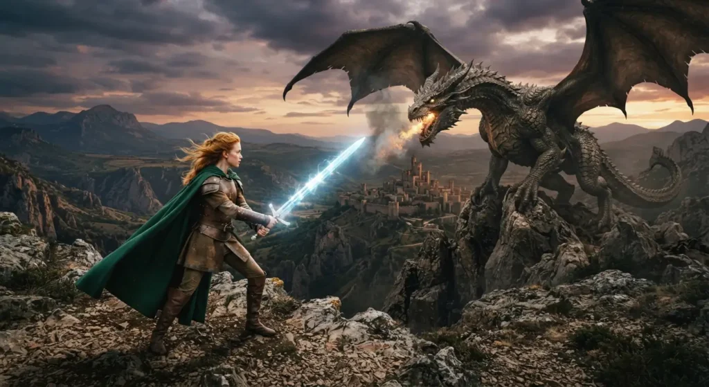 Aerin confronting a dragon with her enchanted sword.