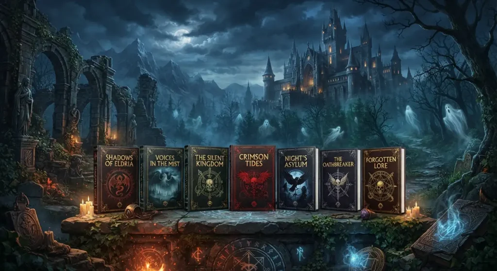 Collection of the best standalone dark fantasy books with a dark landscape as a background