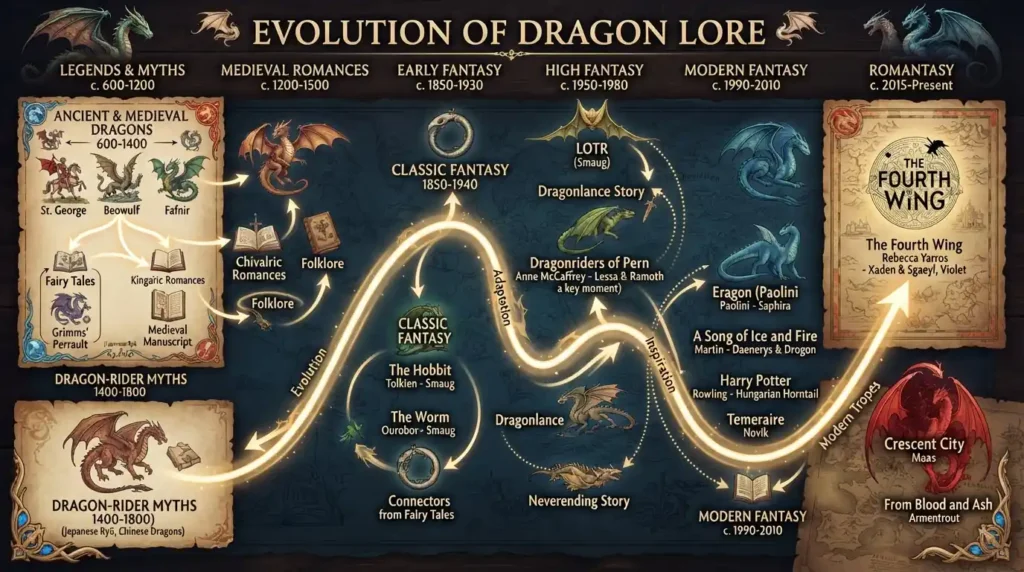 Historical evolution of dragons and romantic fantasy.