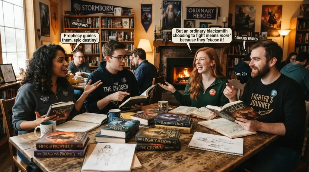 Readers debating different fantasy hero archetypes.