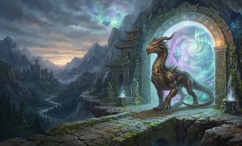 Dragon guarding the boundary between two worlds.