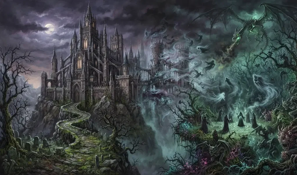 Gothic and dark fantasy traditions merging at the boundary.
