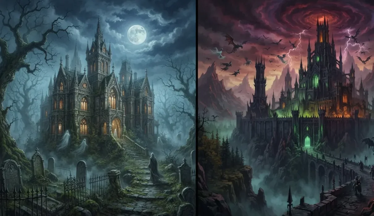Dark fantasy vs Gothic fantasy represented side by side.