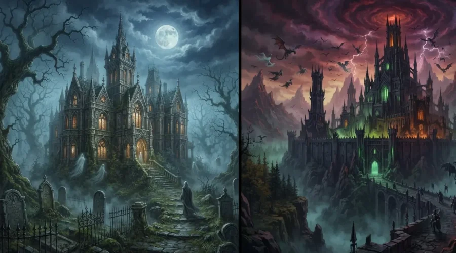 Dark fantasy vs Gothic fantasy represented side by side.