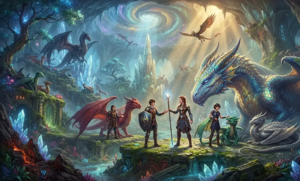 Young heroes confronting legendary dragons.
