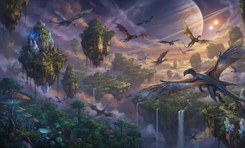 Enormous dragons dominating an otherworldly landscape.