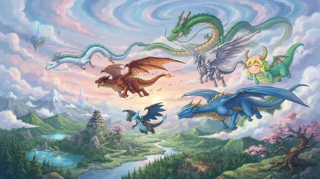A group of iconic anime dragons flying above a landscape 