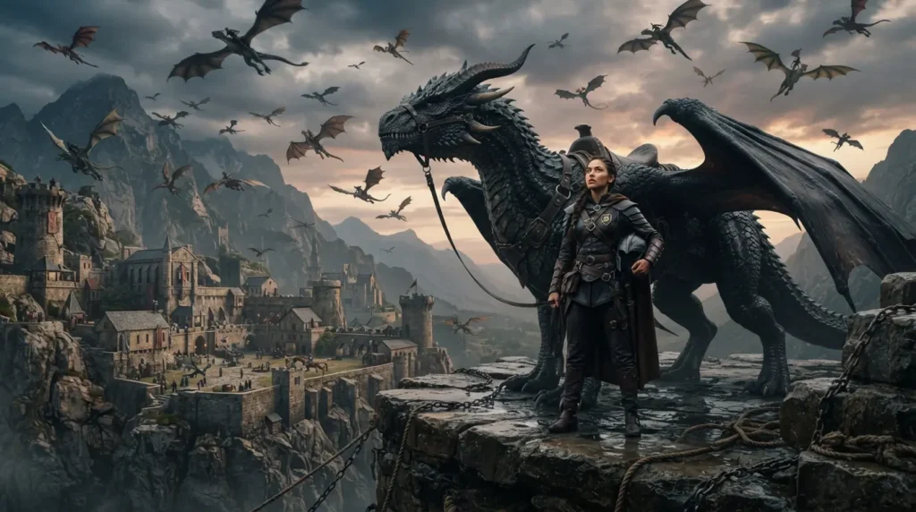 Dragon rider at a military fantasy academy inspired by modern romantasy.