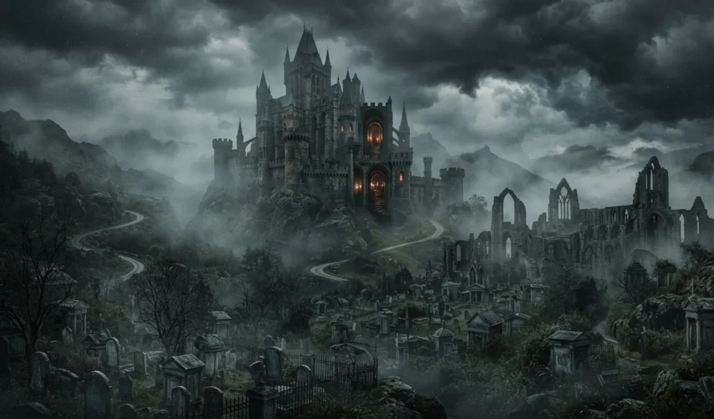 Early Gothic fiction atmosphere with castles and ruins.