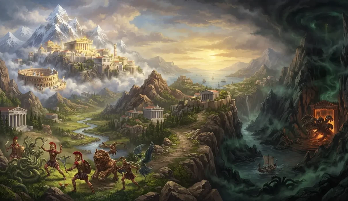 Greek mythology featuring gods, heroes, monsters, and the Underworld.