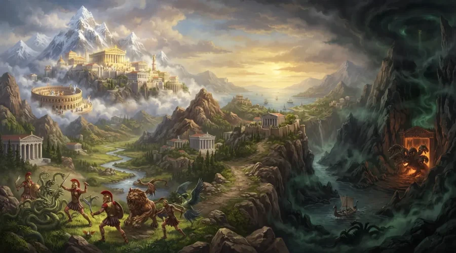 Greek mythology featuring gods, heroes, monsters, and the Underworld.