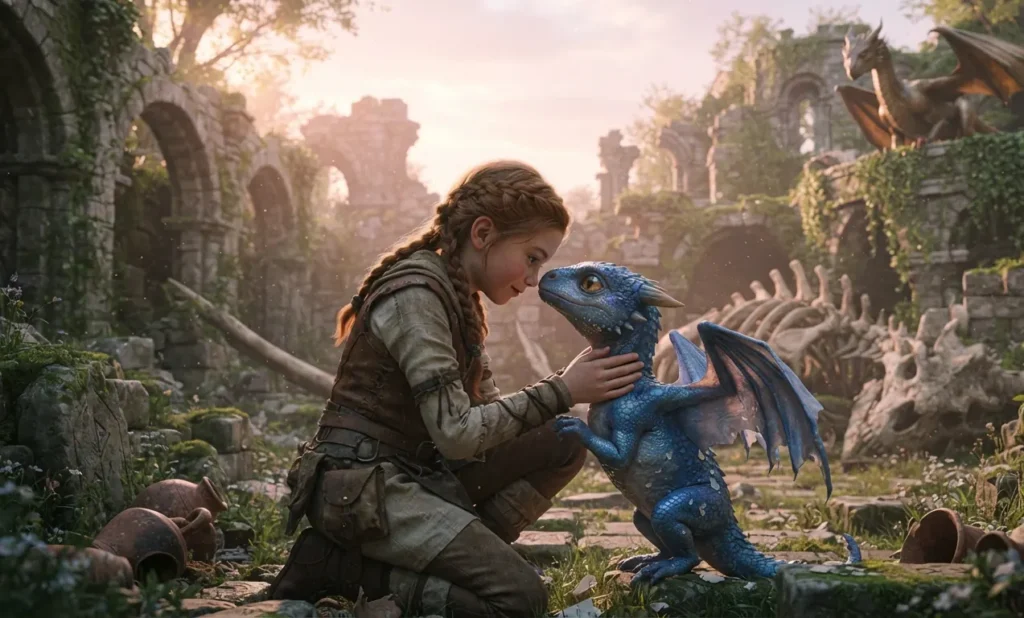 Dragon rider meeting a young dragon for the first time.