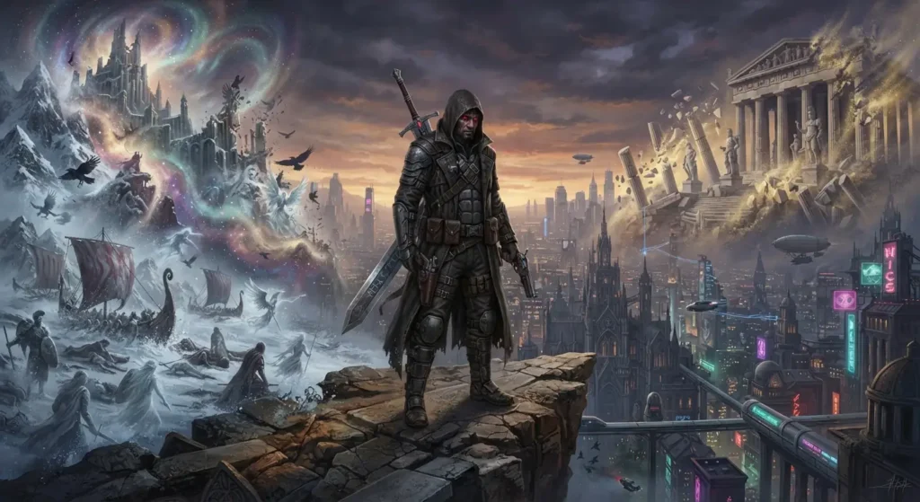 Norse and Greek mythology converging in modern dark fantasy.