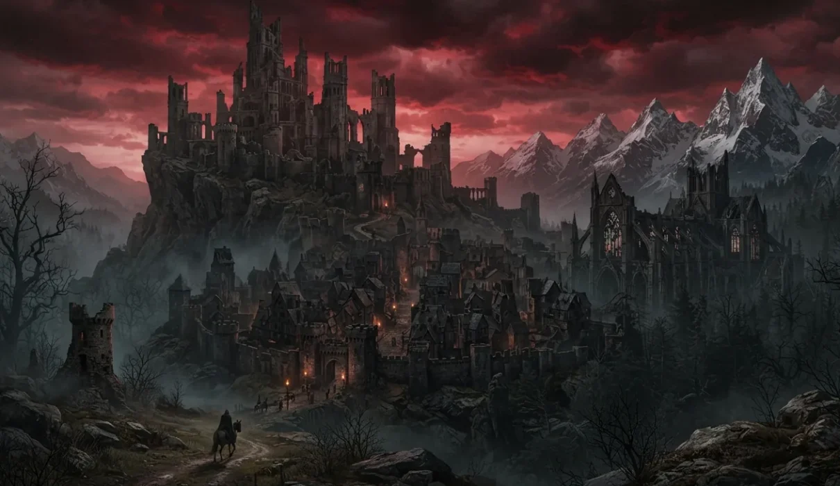 Dark fantasy world filled with haunting landscapes and ancient ruins.